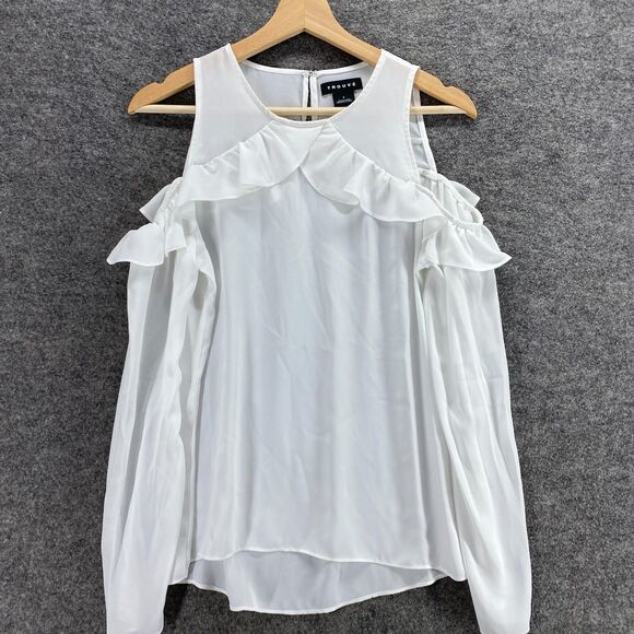 Trouve Blouse Women S Small White Round Neck Cold Shoulder Long Sleeve Hook&Eye - Picture 3 of 9